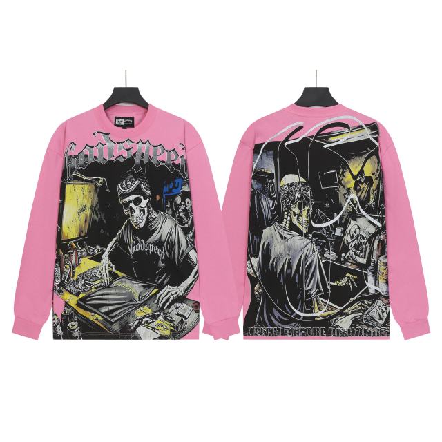 Skeleton Screen-Printed Clothing Washed Version Long Sleeve T-Shirt 2 colors 28691923