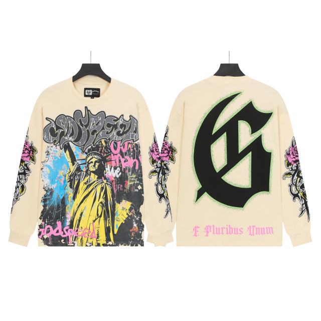 Statue of Liberty Graffiti Letter Print Washed Version Long Sleeve T-Shirt 3 colors 28702248