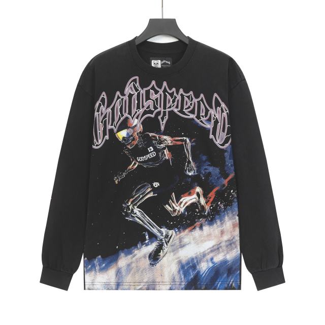 Skeleton Skate Print Washed Versiion Long Sleeve T-Shirt 2 colors 28691920