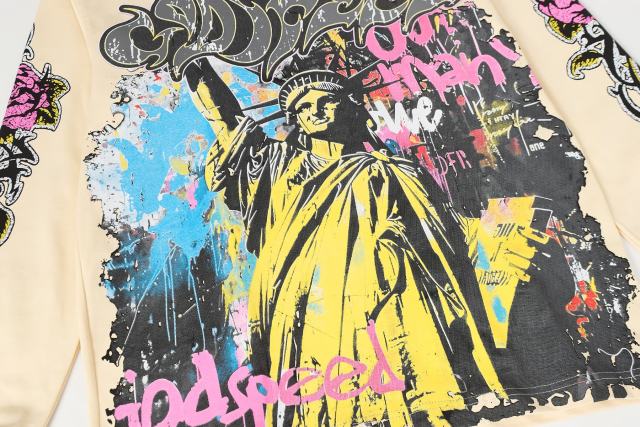 Statue of Liberty Graffiti Letter Print Washed Version Long Sleeve T-Shirt 3 colors 28702248