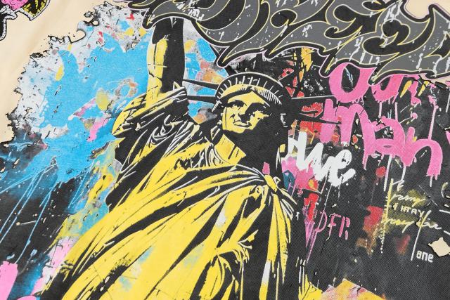 Statue of Liberty Graffiti Letter Print Washed Version Long Sleeve T-Shirt 3 colors 28702248