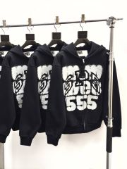 1:1 quality version Black Layered White Letter Print Zipper Hoodie 28675076