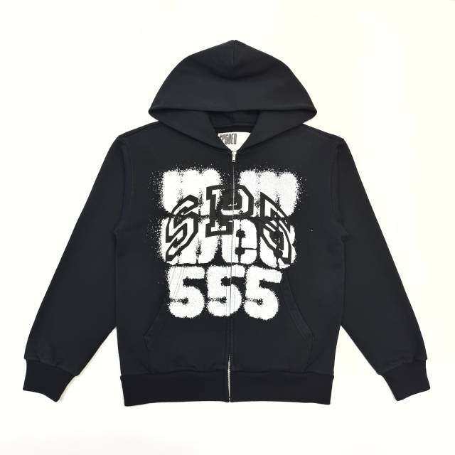 1:1 quality version Black Layered White Letter Print Zipper Hoodie 28675076