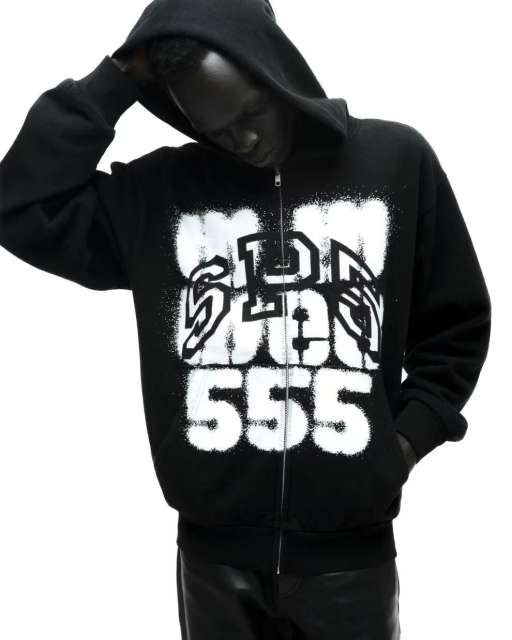 1:1 quality version Black Layered White Letter Print Zipper Hoodie 28675076