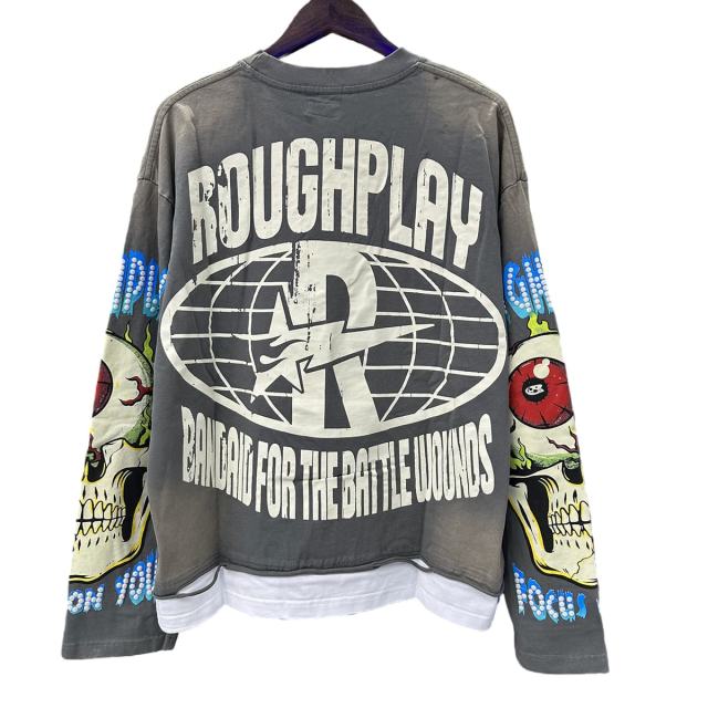 Rock Gesture Guitar Neck Silver Hot Stamping Print Washed Version Long Sleeve T-Shirt 28758377