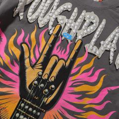 Rock Gesture Guitar Neck Silver Hot Stamping Print Washed Version Long Sleeve T-Shirt 28758377