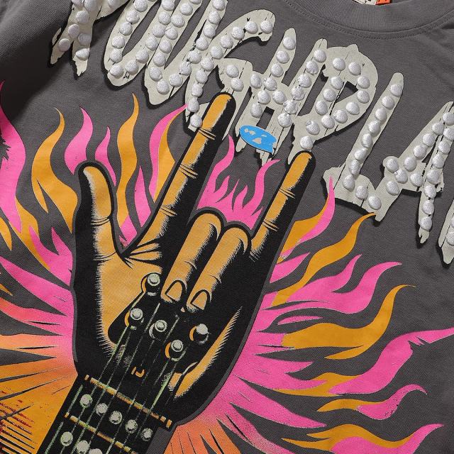 Rock Gesture Guitar Neck Silver Hot Stamping Print Washed Version Long Sleeve T-Shirt 28758377