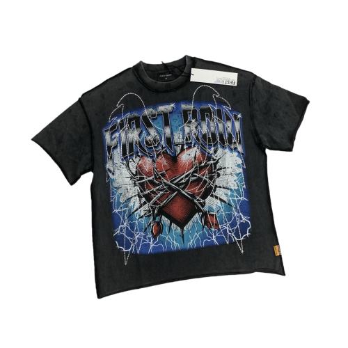 Lightning Heart Print Rhinestone Wings Washed Version Tee 28747720