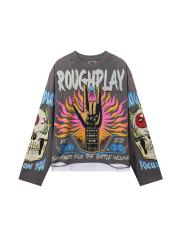 Rock Gesture Guitar Neck Silver Hot Stamping Print Washed Version Long Sleeve T-Shirt 28758377