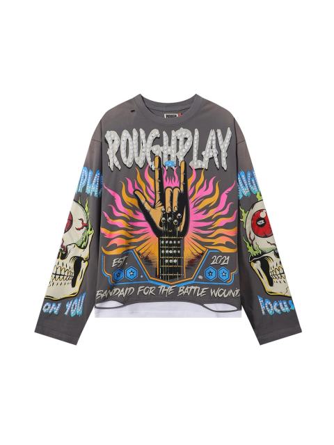Rock Gesture Guitar Neck Silver Hot Stamping Print Washed Version Long Sleeve T-Shirt 28758377