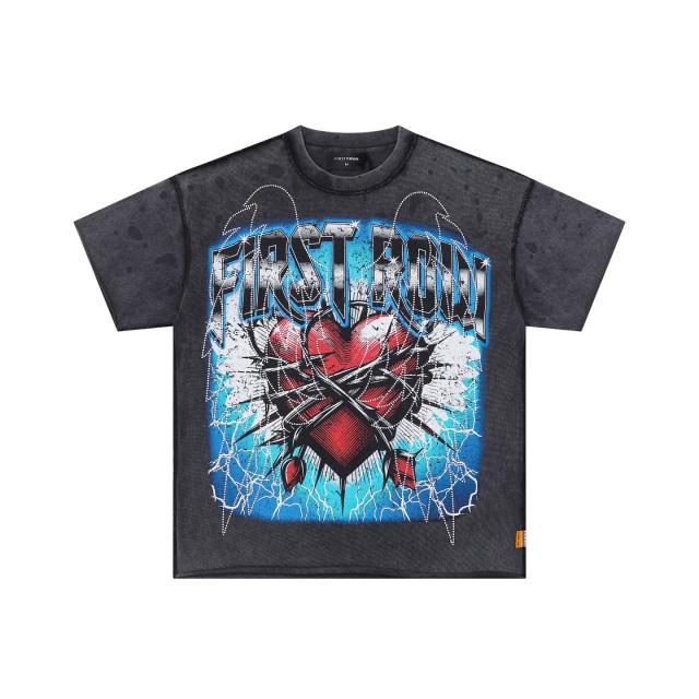 Lightning Heart Print Rhinestone Wings Washed Version Tee 28747720