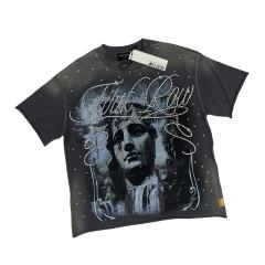 White Ink Direct-Print Breathable Rhinestone-Embellished Washed Version Tee 28748427