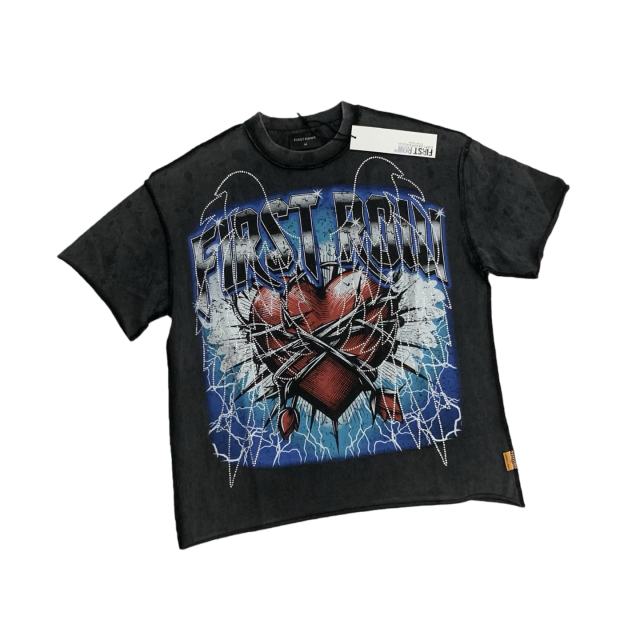Lightning Heart Print Rhinestone Wings Washed Version Tee 28747720