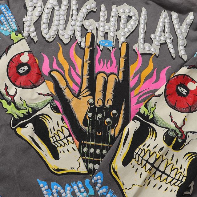 Rock Gesture Guitar Neck Silver Hot Stamping Print Washed Version Long Sleeve T-Shirt 28758377