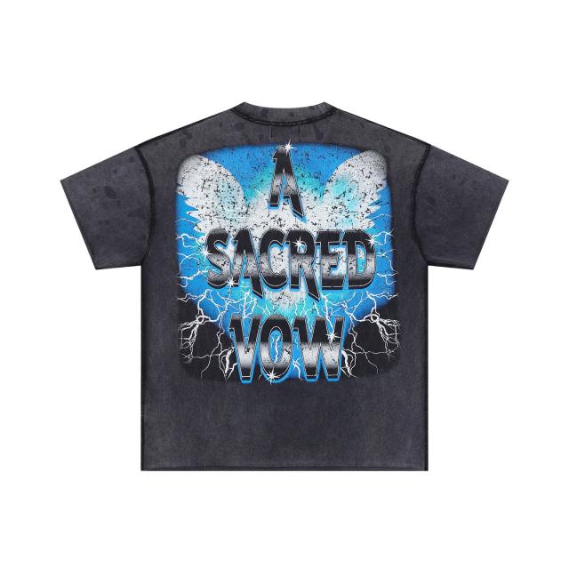 Lightning Heart Print Rhinestone Wings Washed Version Tee 28747720