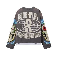 Rock Gesture Guitar Neck Silver Hot Stamping Print Washed Version Long Sleeve T-Shirt 28758377