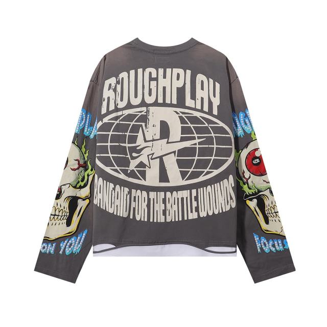 Rock Gesture Guitar Neck Silver Hot Stamping Print Washed Version Long Sleeve T-Shirt 28758377