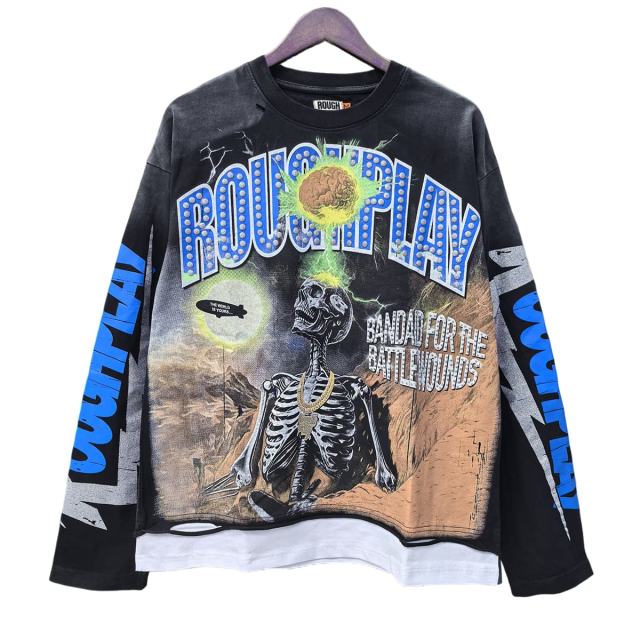 Brain Skull Silver Hot Stamping Print Washed Version Long Sleeve T-Shirt 28758376