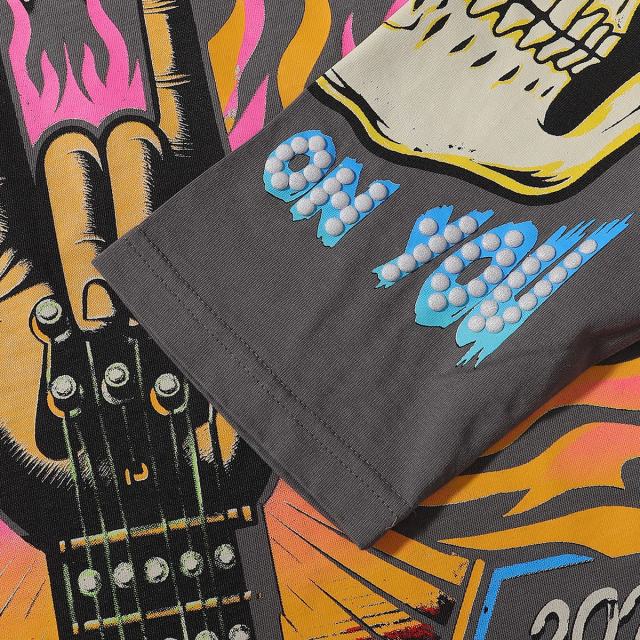 Rock Gesture Guitar Neck Silver Hot Stamping Print Washed Version Long Sleeve T-Shirt 28758377
