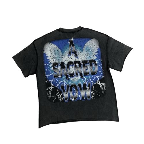 Lightning Heart Print Rhinestone Wings Washed Version Tee 28747720