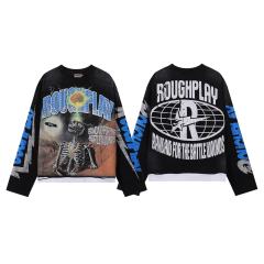 Brain Skull Silver Hot Stamping Print Washed Version Long Sleeve T-Shirt 28758376