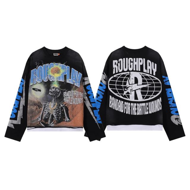 Brain Skull Silver Hot Stamping Print Washed Version Long Sleeve T-Shirt 28758376