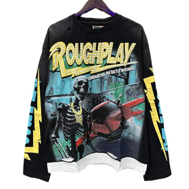 Car Crash Skull Silver Hot Stamping Print Washed Version Long Sleeve T-Shirt 28758375