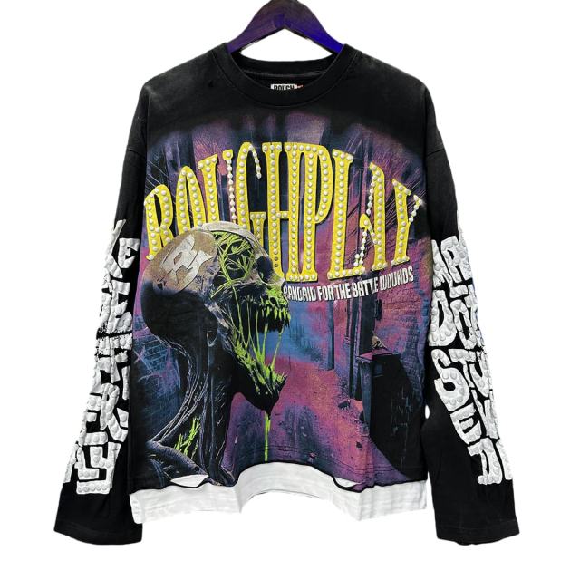 Street Corner Skull Silver Hot Stamping Print Washed Version Long Sleeve T-Shirt 28758378