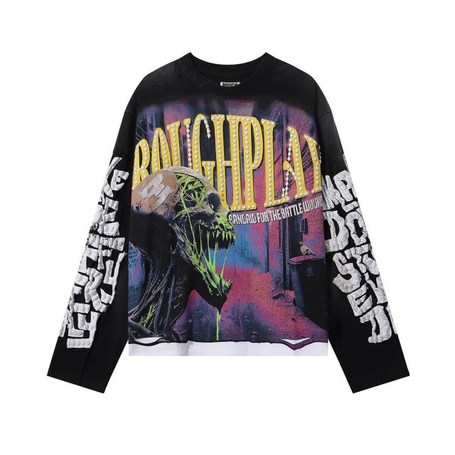 Street Corner Skull Silver Hot Stamping Print Washed Version Long Sleeve T-Shirt 28758378