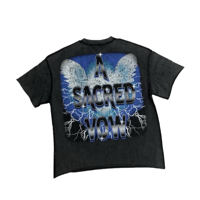 Lightning Heart Print Rhinestone Wings Washed Version Tee 28747720