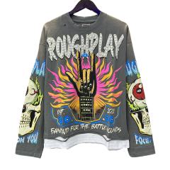 Rock Gesture Guitar Neck Silver Hot Stamping Print Washed Version Long Sleeve T-Shirt 28758377