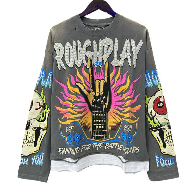 Rock Gesture Guitar Neck Silver Hot Stamping Print Washed Version Long Sleeve T-Shirt 28758377