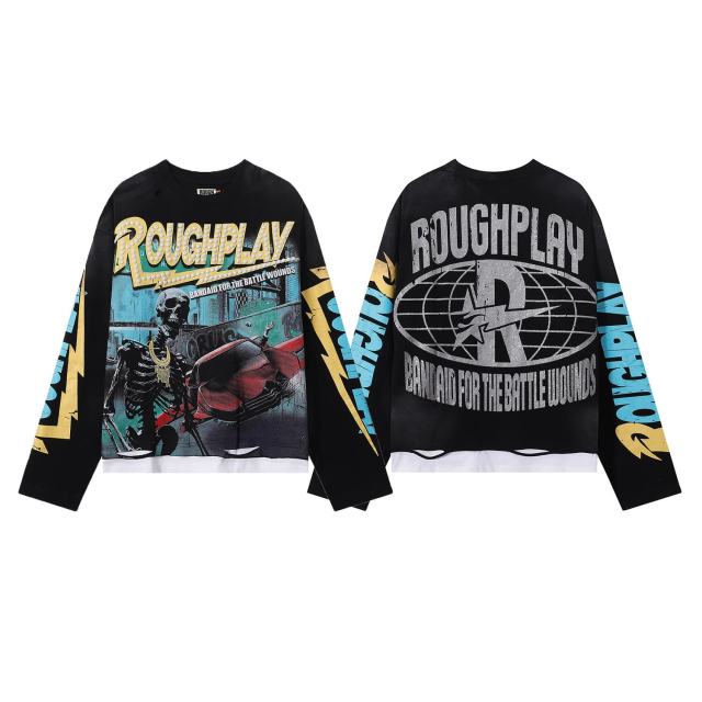 Car Crash Skull Silver Hot Stamping Print Washed Version Long Sleeve T-Shirt 28758375