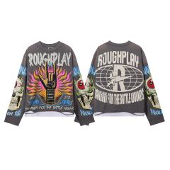 Rock Gesture Guitar Neck Silver Hot Stamping Print Washed Version Long Sleeve T-Shirt 28758377