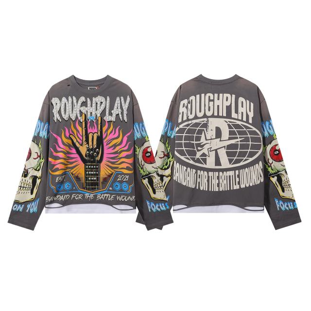 Rock Gesture Guitar Neck Silver Hot Stamping Print Washed Version Long Sleeve T-Shirt 28758377