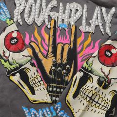 Rock Gesture Guitar Neck Silver Hot Stamping Print Washed Version Long Sleeve T-Shirt 28758377