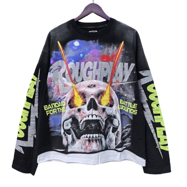 Cosmic Ray Skull Print Washed Version Long Sleeve T-Shirt 28758386