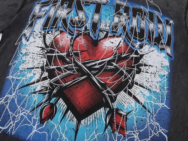 Lightning Heart Print Rhinestone Wings Washed Version Tee 28747720