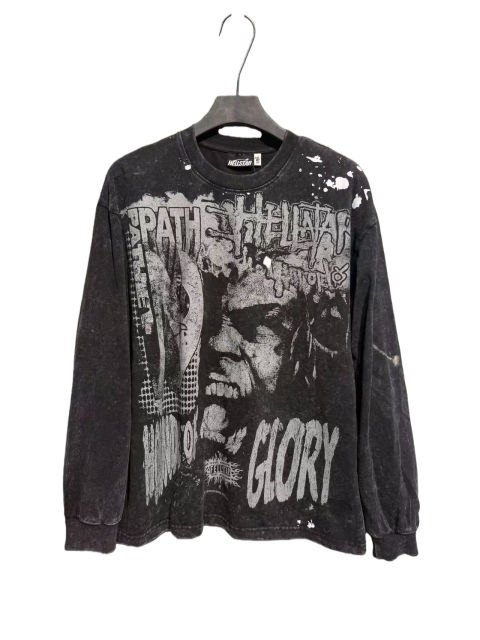 Portrait Logo Ink-Splash Print Washed Version Long Sleeve T-Shirt 28713174