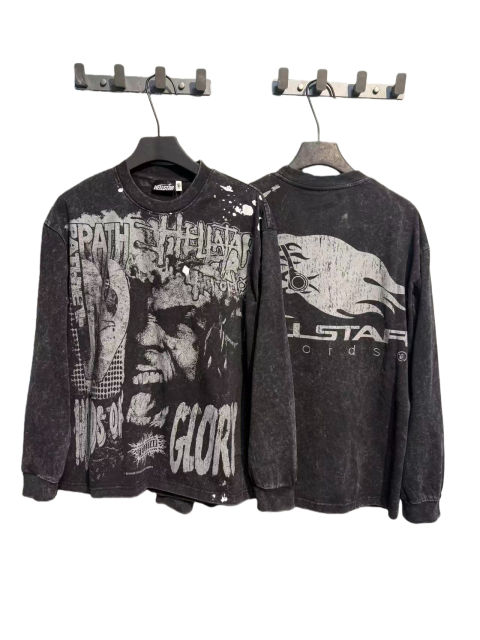 Portrait Logo Ink-Splash Print Washed Version Long Sleeve T-Shirt 28713174