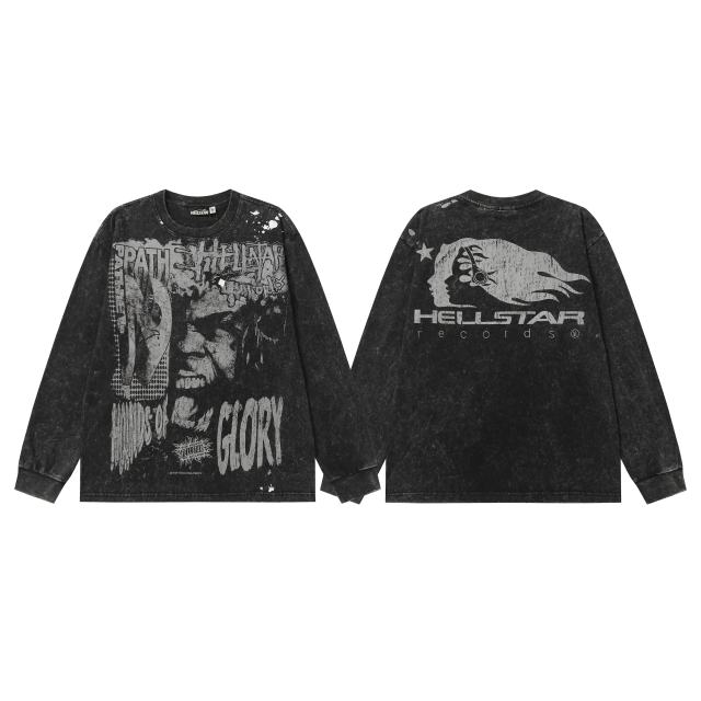 Portrait Logo Ink-Splash Print Washed Version Long Sleeve T-Shirt 28713174