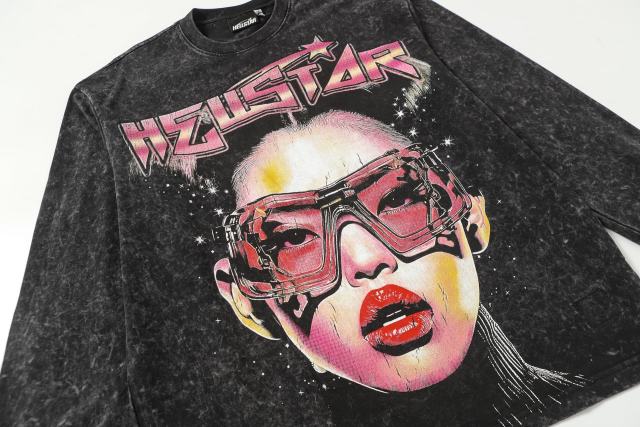 Portrait Print Washed Version Long Sleeve T-Shirt 2 colors 28713164