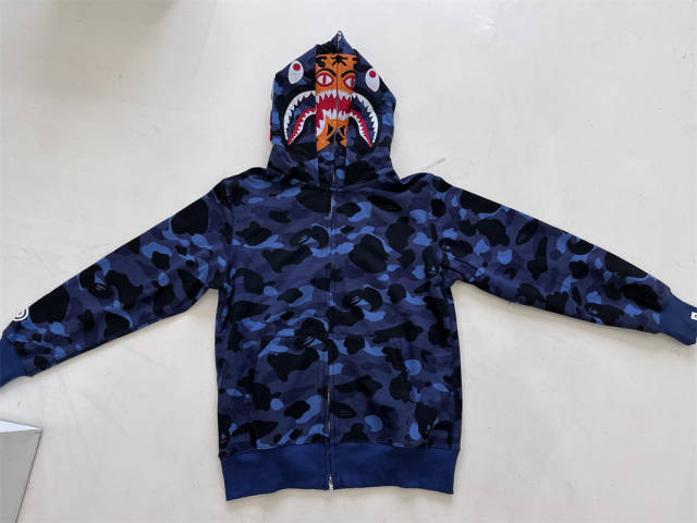 Bape Shark Tiger Double Hood Camo Hoodie Sweatshirt (Purple/Red/Blue)