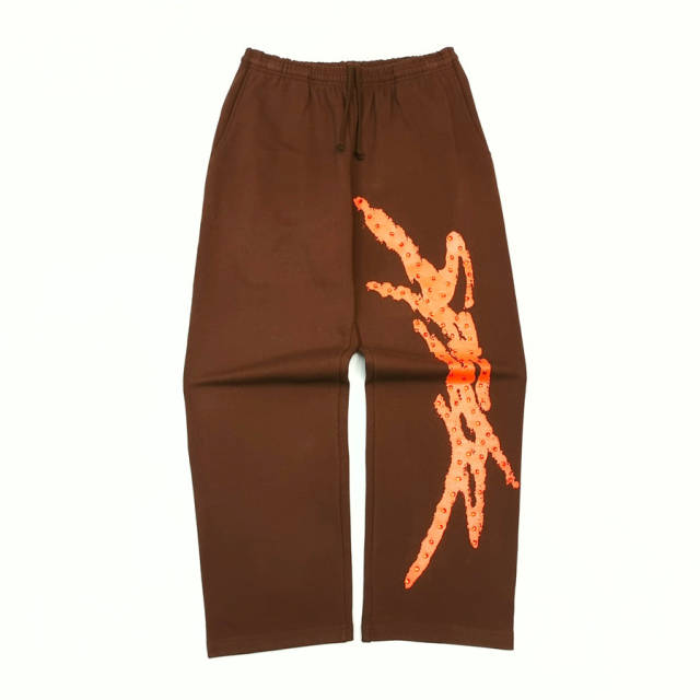 1:1 TOP Quality Orange Rhinestone Brown Hoodie & Pants Set