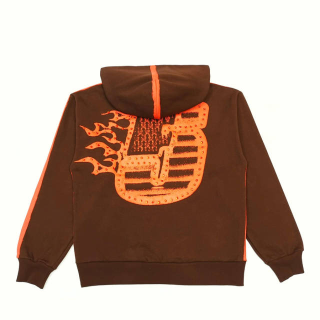 1:1 TOP Quality Orange Rhinestone Brown Hoodie & Pants Set