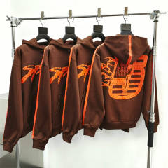 1:1 TOP Quality Orange Rhinestone Brown Hoodie & Pants Set