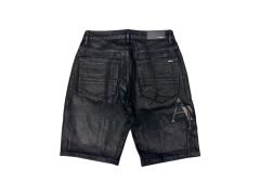1:1 quality version Pure Black Shiny Faux Leather Pleated Denim Shorts 28920235