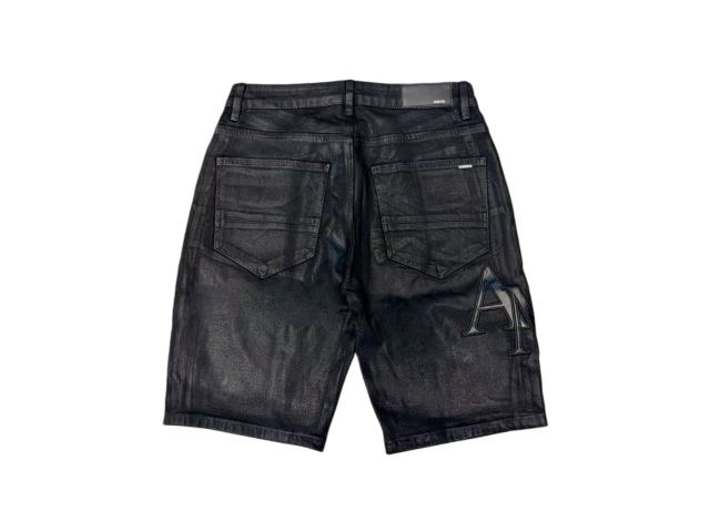 1:1 quality version Pure Black Shiny Faux Leather Pleated Denim Shorts 28920235