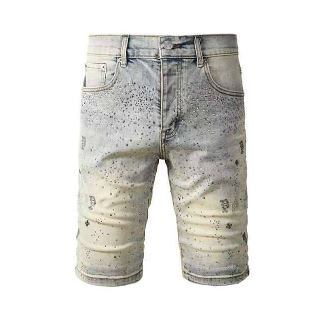 1:1 quality version Silver Ink P-Shape Rhinestone Denim Shorts 28920227
