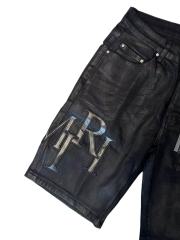 1:1 quality version Pure Black Shiny Faux Leather Pleated Denim Shorts 28920235